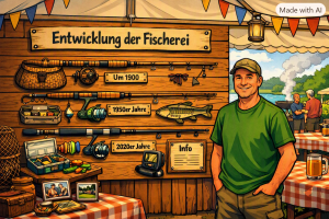 Ein Mann steht vor einer Ausstellung zur Entwicklung der Fischerei, die verschiedene Fischerutensilien aus den Jahren 1900, 1950 und 2020 zeigt. Im Hintergrund sind Dekorationen und eine ländliche Umgebung sichtbar.