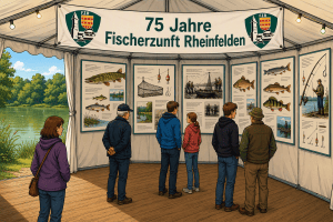 Ein Zelt mit einer Ausstellung zum 75-jährigen Jubiläum der Fischerzunft Rheinfelden, in dem mehrere Personen Informationen über Fische und Angeln betrachten.