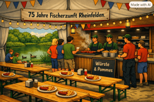 Ein Feststand zum 75. Jubiläum der Fischerzunft Rheinfelden am Ufer eines Gewässers, mit Menschen, die Würstchen und Pommes kaufen.