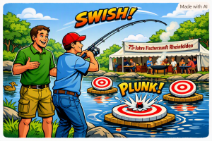 Zwei Männer am Wasser, einer fischt, während der andere zuschaut. Im Hintergrund ein Zelt mit dem Schriftzug '75-Jahre Fischrestaurant Rheinfelden'.
